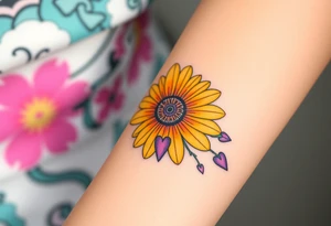 Yellow daisy flower with Purple Hearts tattoo idea