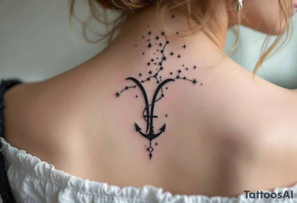 The Virgo zodiac sign in black anchors a trail of pastel-colored stars that form the constellation on the upper spine. tattoo idea