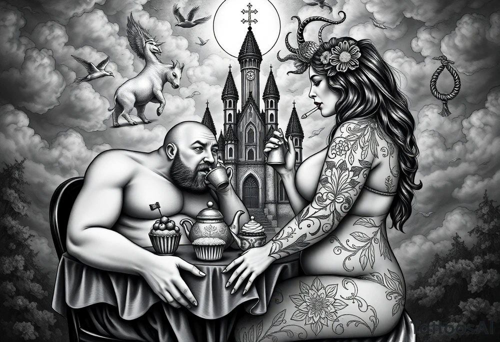 Naked Man and fat woman having sex eating cupcakes and  fruit  having sexy naked fat lady having a tea party with tea pots  with medieval castle  
with mystical  aries a pigs, peacock,  lion, goat, noose and smoking cigerettes looking in the mirror thru storm clouds and broken hearts and darkness and wrath, envy , gluttony, greed, sloth, pride . Gothic tattoo idea