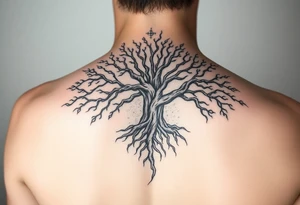mystical tree of life with cosmic roots and celestial branches tattoo idea