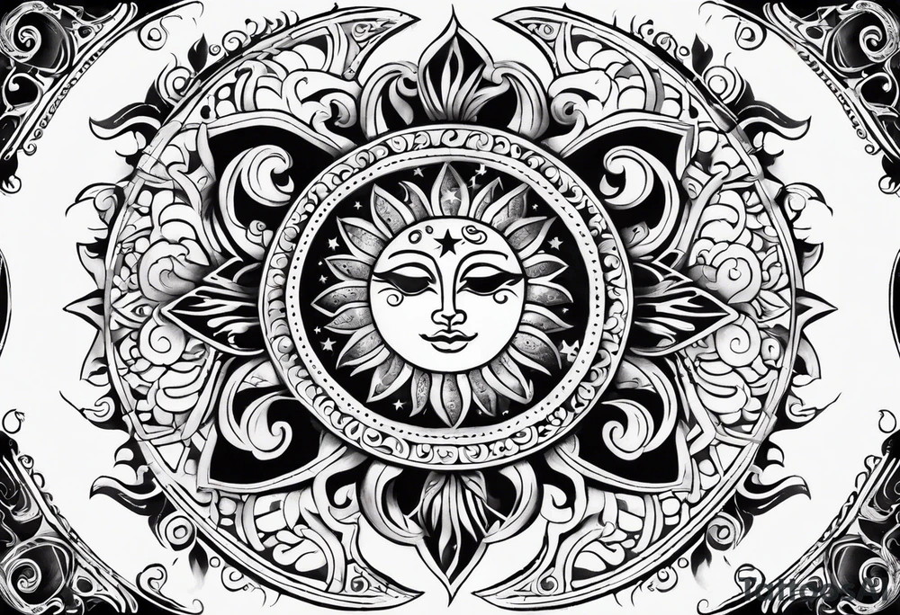 Mexican Sun and moon sternum swirls and dots and stars tattoo idea