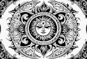 Mexican Sun and moon sternum swirls and dots and stars tattoo idea