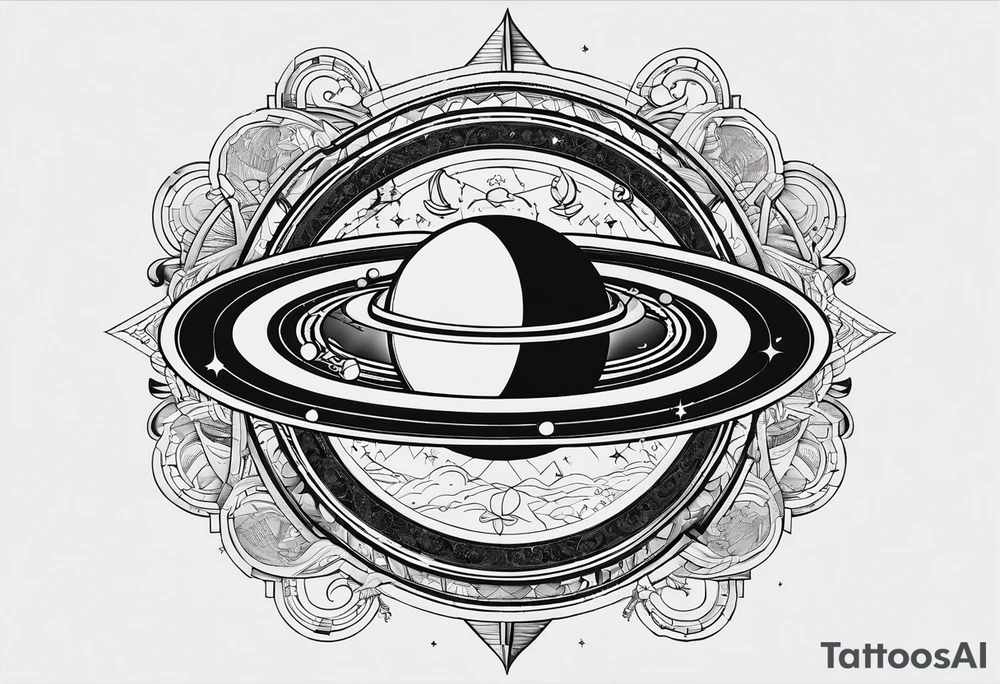 A tattoo with Saturn at the center surrounded by intricate linguistic symbols, reflecting the client's interests in cosmology and linguistics. tattoo idea