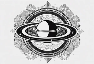 A tattoo with Saturn at the center surrounded by intricate linguistic symbols, reflecting the client's interests in cosmology and linguistics. tattoo idea