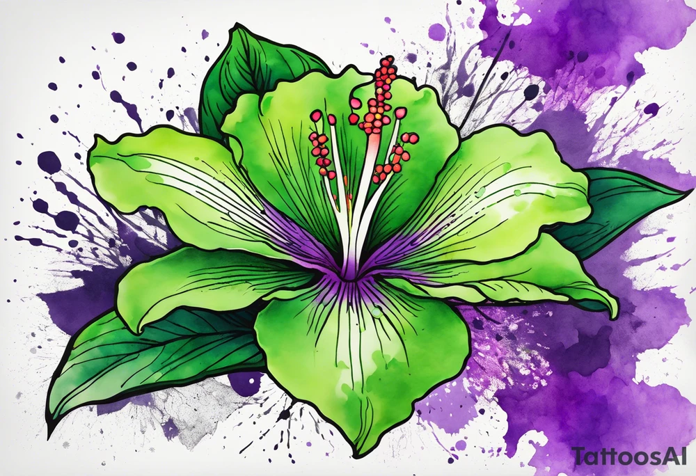 An outline of a green rio dipladenia flower and a green and purple watercolor splash in the background tattoo idea