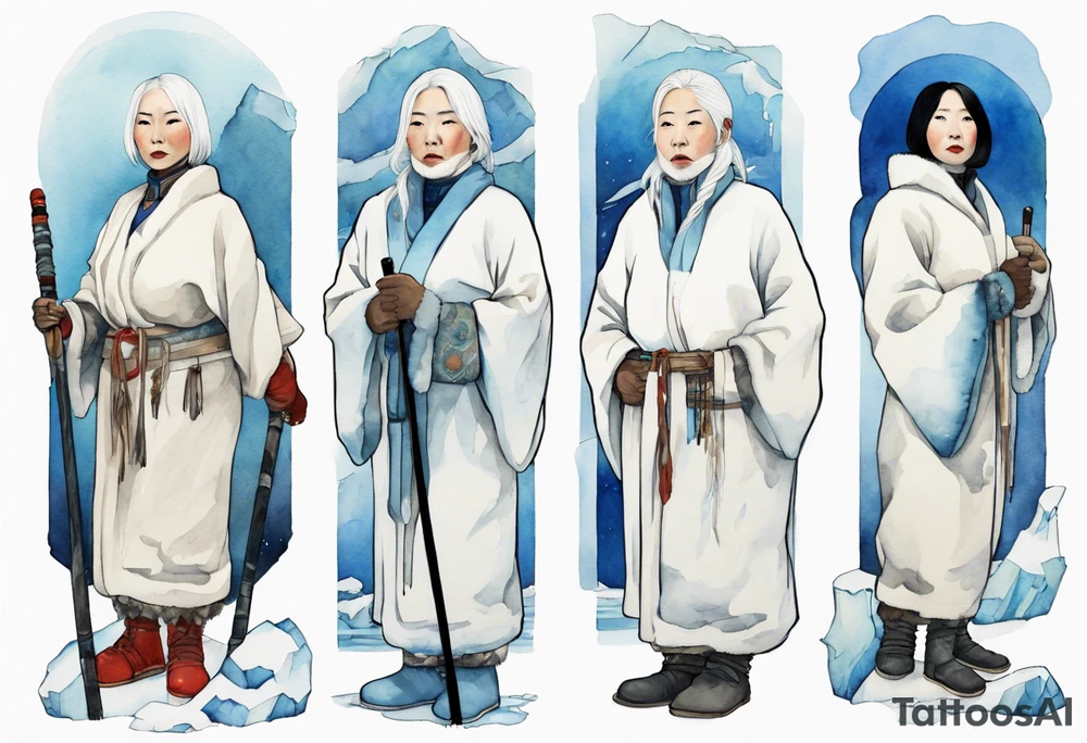 a 40 year old Inuit woman with white hair and a white robe and white mittens and blue mukluks holding a plain white staff, standing on an iceberg tattoo idea