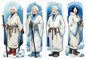 a 40 year old Inuit woman with white hair and a white robe and white mittens and blue mukluks holding a plain white staff, standing on an iceberg tattoo idea