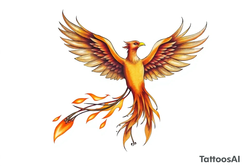 magnificent phoenix rising from golden flames with trailing embers tattoo idea