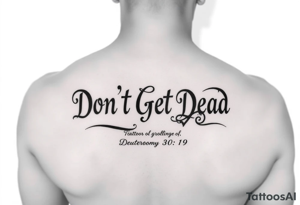 I want a cool design that includes the words “Don’t Get Dead” and includes the scripture reference Deuteronomy 30:19. Also I want something representing each of the 4 members of my family. tattoo idea