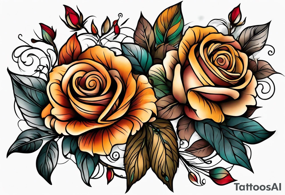 sleeve tattoo in fall colors with roses background swirls, leaves tattoo idea