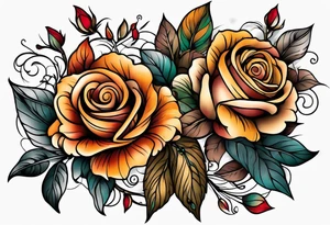 sleeve tattoo in fall colors with roses background swirls, leaves tattoo idea
