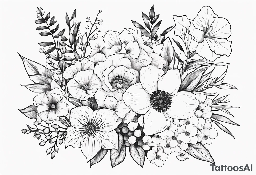 Floral Bouquet with blue hydrangea, Gladiolus, Poppy, Daisy, Sweet Pea, Narcissus, Poinsettia, and Holly tattoo idea