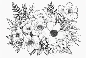 Floral Bouquet with blue hydrangea, Gladiolus, Poppy, Daisy, Sweet Pea, Narcissus, Poinsettia, and Holly tattoo idea