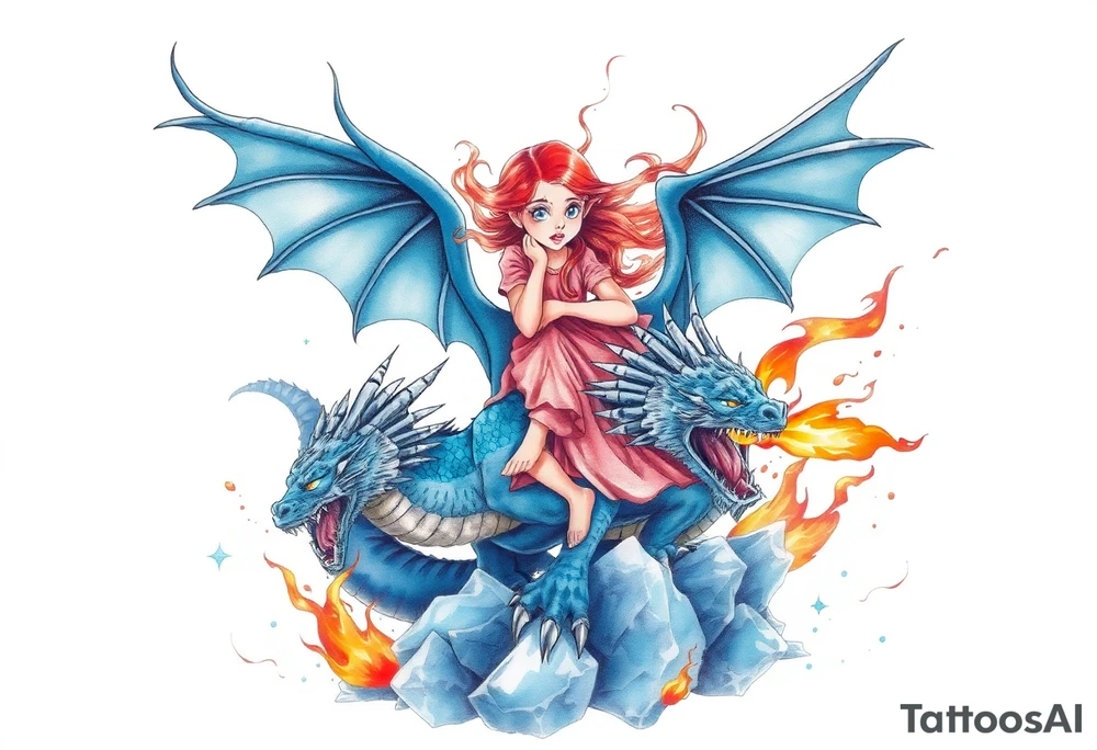 Scared redheaded girl on a blue dragon breathing fire with wings spread and flying over ice and flames tattoo idea