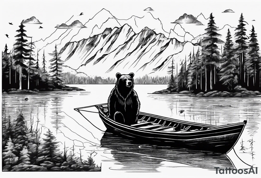 bear, forest, lake, small man on a fishing boat, appalachia, arm sleeve tattoo tattoo idea