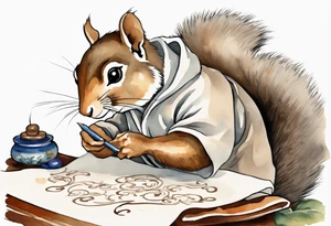 an elderly grey squirrel wearing a taupe  robe, writing on a scroll tattoo idea