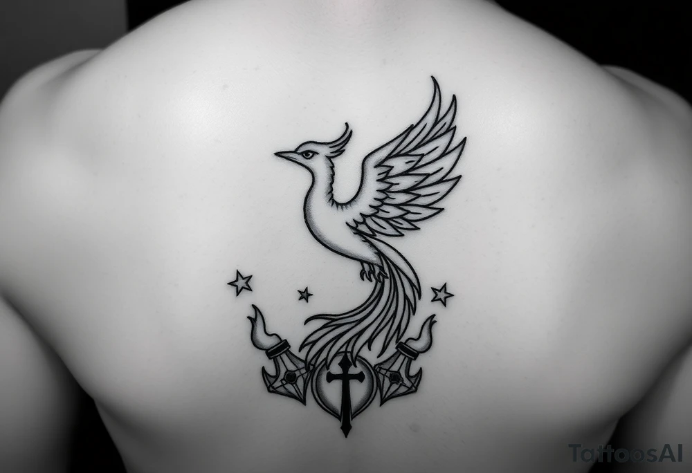 Phoenix rising from flames, surrounded by ninja stars and ballistic missiles, semicolon integrated into the design, fine line black ink, minimalist but dramatic but dainty for wrist tattoo idea
