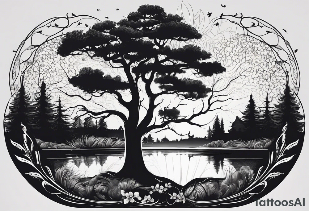 The tattoo will be a stylized horizontal panorama of nature. At the base, a thin and elegant line will symbolize the horizon. Above it, various silhouetted trees with delicate details, representing different species, including oaks and pines, will be distributed along the horizon. I would like the trees to be interspersed with open spaces, creating a play of light and shadow. On the horizontal line, just after the sequence of trees that start from left to right, I would like to include a cabin with a small mountain behind it. Below the cabin and trees, a tranquil lake reflects the entire scene above symmetrically, with gentle ripples on the water's surface. Above the trees, I want to inscribe the Latin phrase 'Natura non facit saltus', following the natural contour of the treetops in a classic and elegant font, inviting reflection. tattoo idea