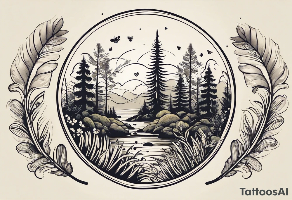 forest floor inspired minimalist tattoo, which includes grass, curly ferns, moss and dead leaves as the bulk of the tattoo. details to include: forest berries, a tiny bumblebee flying nearby, three small brown mushrooms
Generate a vertically long one tattoo idea