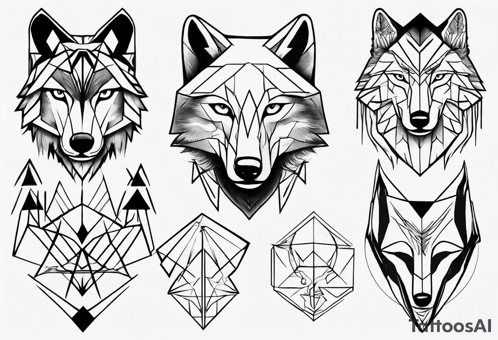 Wolf's face with geometric shapes and impressions of a forest tattoo idea