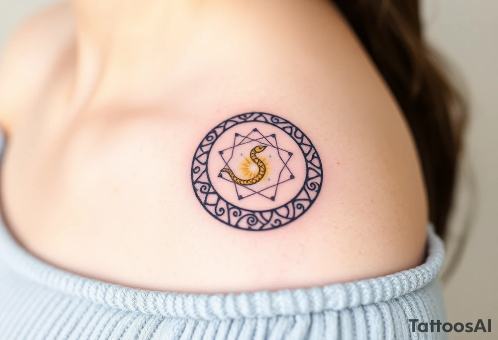 A lilac and golden Ouroboros snake forming cyrcle, with cosmic patterns resembling a swirling galaxy within its body. tattoo idea