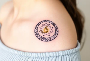 A lilac and golden Ouroboros snake forming cyrcle, with cosmic patterns resembling a swirling galaxy within its body. tattoo idea
