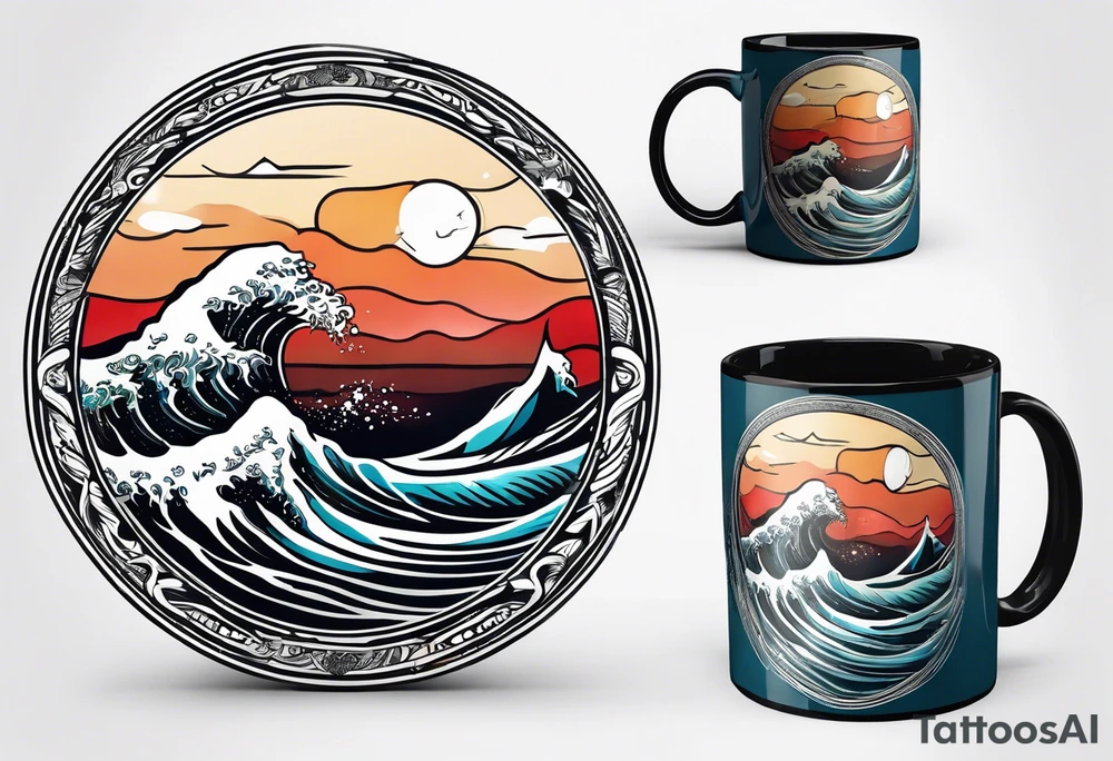 Circular retro design with coffee mug and ocean wave on mug tattoo idea