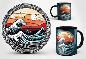 Circular retro design with coffee mug and ocean wave on mug tattoo idea