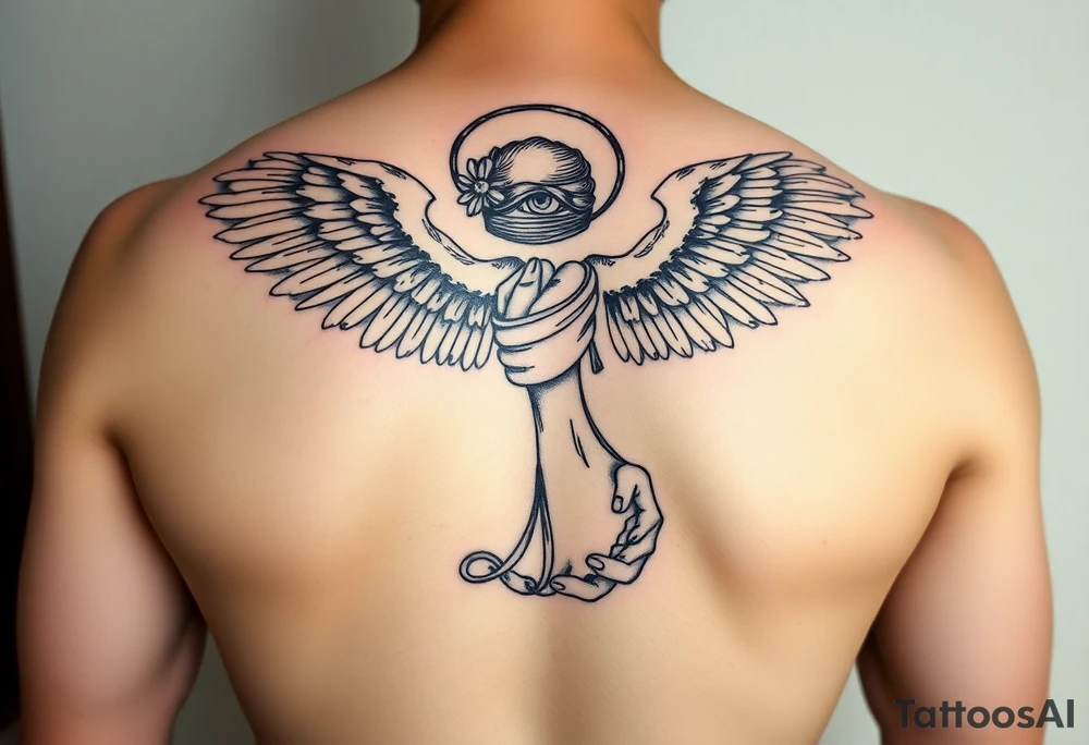 Dante Mikha'el angel who has grateful 4 wings scattered in the sky, 
Whitc shaining halo and blindfold hanging in air diagonally whitc opened hand tattoo idea