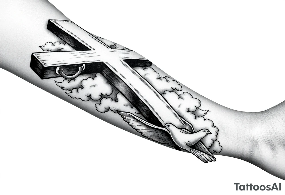 Big cross with clouds in the back with a dove a the bottom left of the forearm with a blue circle around it and the number 4 to the of the dove. all on forearm tattoo idea