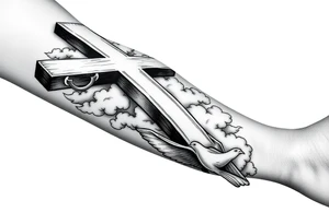 Big cross with clouds in the back with a dove a the bottom left of the forearm with a blue circle around it and the number 4 to the of the dove. all on forearm tattoo idea