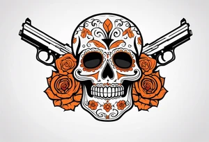 Orange Sugar skull with guns that are orange and red with smoke around it tattoo idea