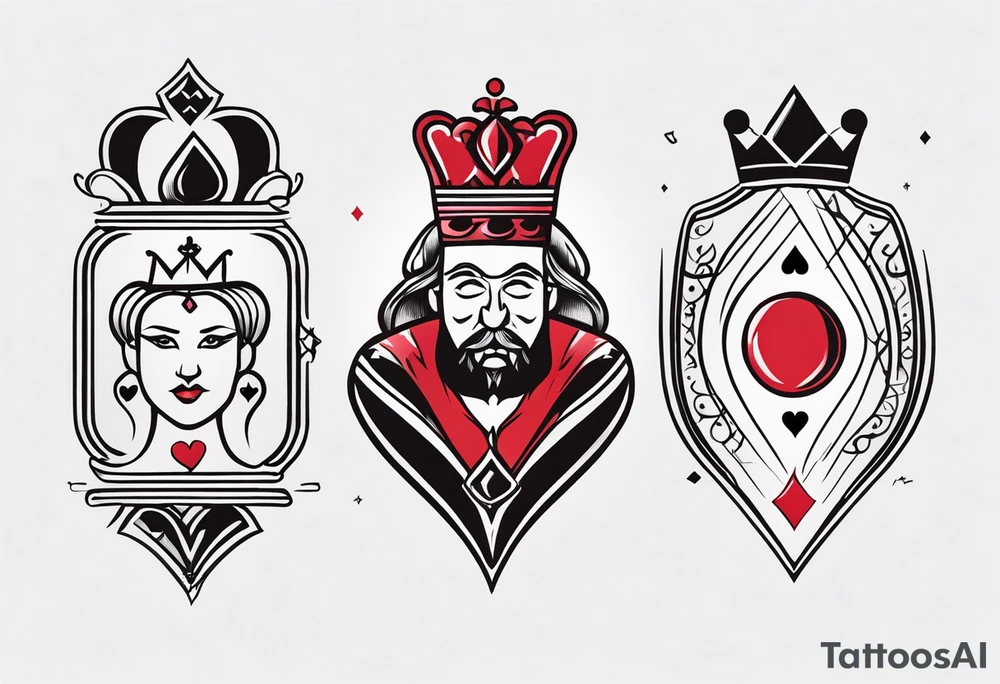 one combined tatto in minimalistic style with icon style three king of spades and icon style one queen of hearts. extreme minimalstic and few lines. much more minimlastic and fewer lines tattoo idea