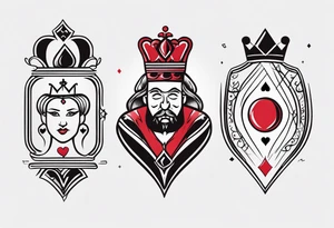 one combined tatto in minimalistic style with icon style three king of spades and icon style one queen of hearts. extreme minimalstic and few lines. much more minimlastic and fewer lines tattoo idea