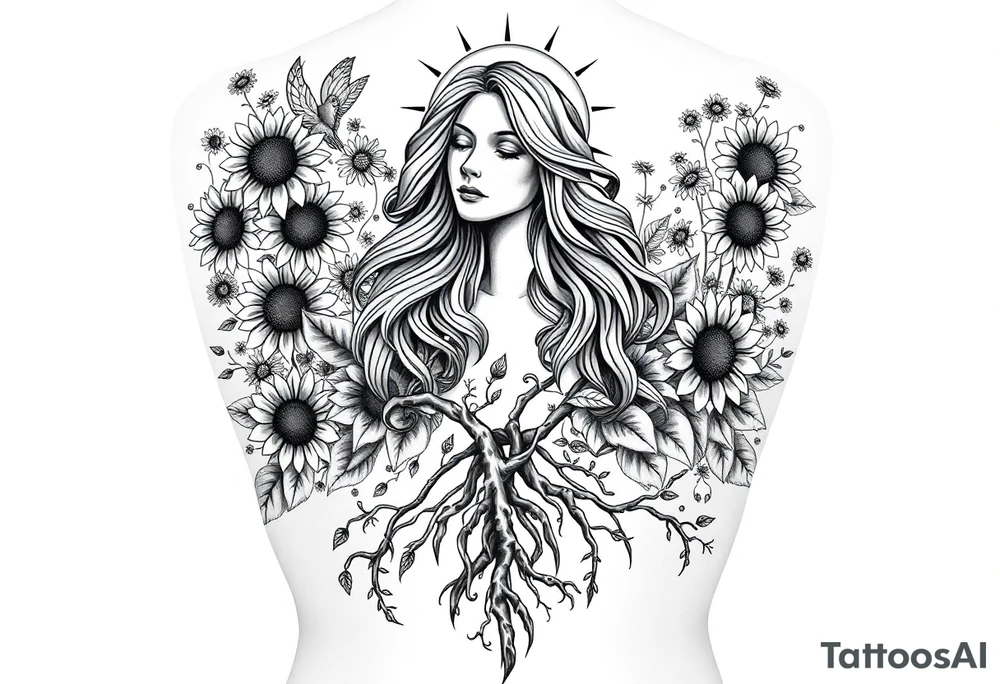 Realistic black and grey back tattoo design of Mother Earth surrounded by flowing sunflowers, wildflowers, vines, and glowing celestial elements. She has a calm, powerful face, long wavy hair blending into the plants, and is cradled by vines. Her hands are raised toward a radiant sun above her head. At the bottom, tree roots grow from her lower body, grounding her. The composition is vertical, ethereal, sacred, and feminine. Smooth shading, sculptural style, no cartoon features. High-detail, made for a full back piece. tattoo idea