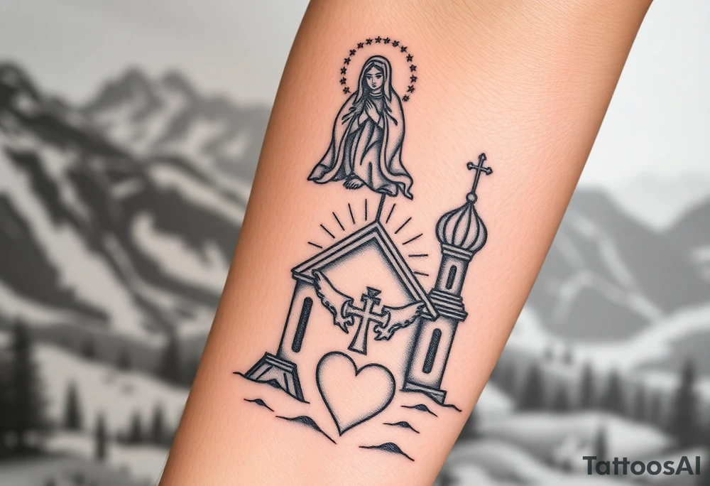 Russian Orthodox church with orthodox spire crosses in a mountainous village setting, with a holy glow around the church, and a virgin mary sat seperately above looking over hands on heart sat above tattoo idea