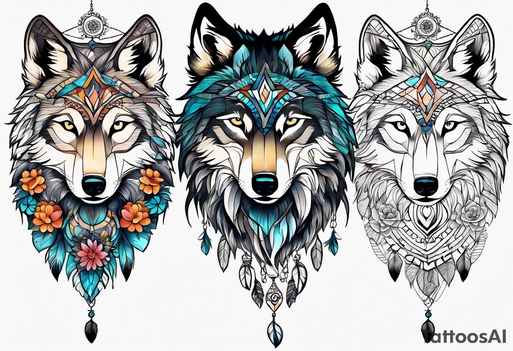 A whimsical wolf tattoo featuring mandala or dream catcher elements, with the wolf as the central focus. Show the wolves whole body standing surrounded by mountains in the background. Include flowers and nature elements to fill the space around the wolf. Some color but not completely solid bold color tattoo idea