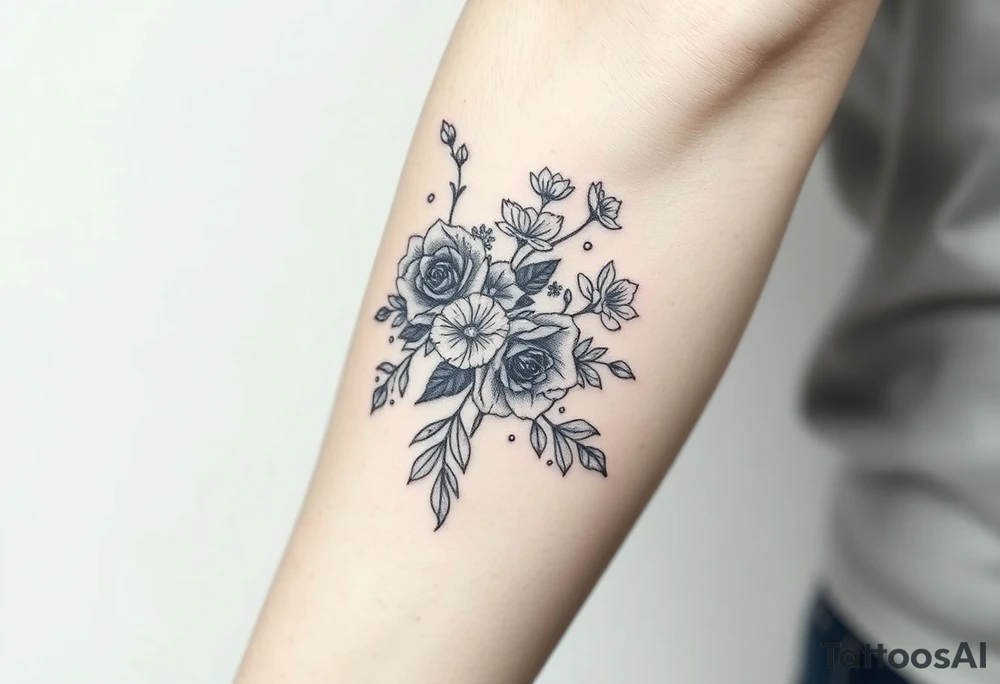 vintage bouquet of wild roses and meadow flowers with morning dew tattoo idea