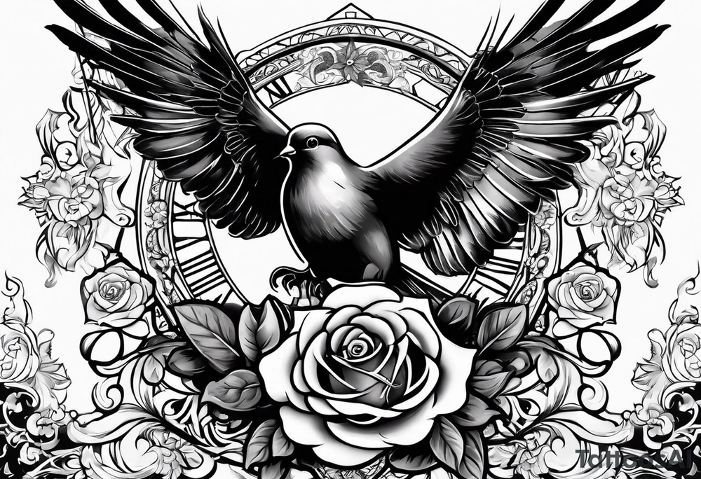 in the background at the top, a dove with rays of light;
in the central part, a skull and an hourglass;
at the bottom, a rose tattoo idea