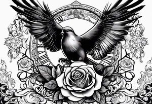 in the background at the top, a dove with rays of light;
in the central part, a skull and an hourglass;
at the bottom, a rose tattoo idea