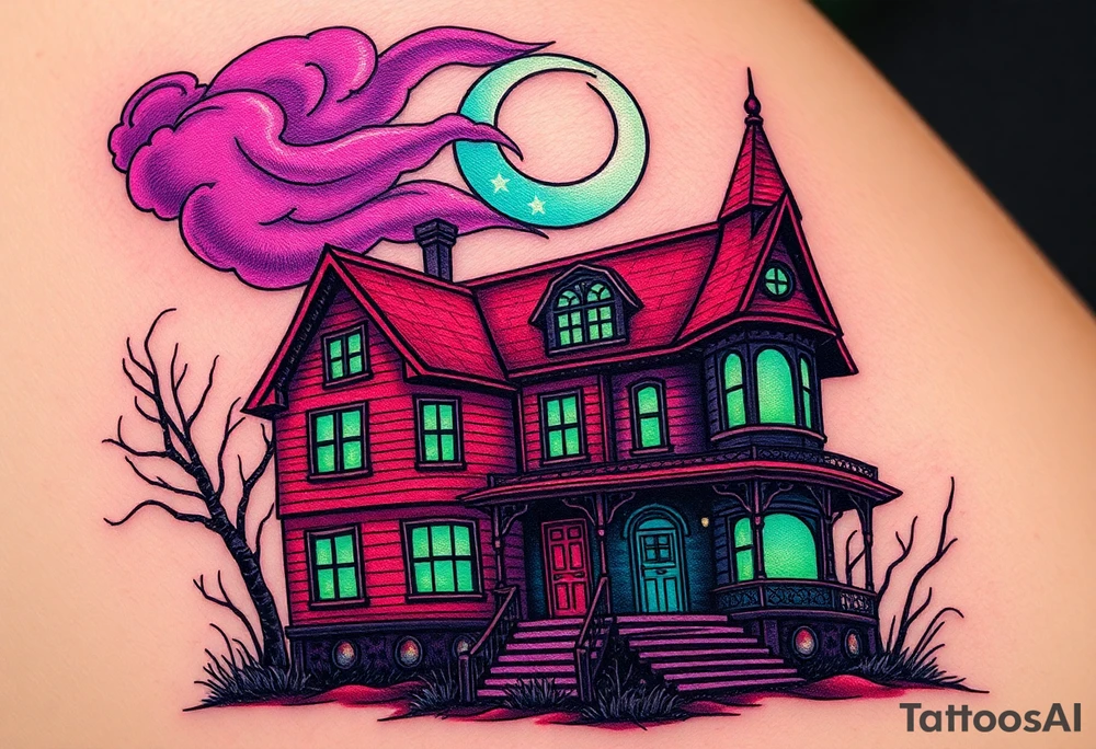 Tim Burton’s haunted victorian home is abandoned and dripping with muted reds, dusty pinks, and eerie green glow.purple and cyan smokey clouds swirl in the crescent moonlit sky thats sprinkled with stars tattoo idea tattoo idea