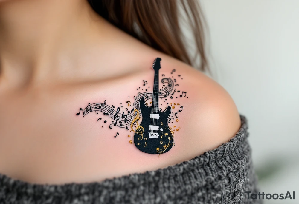 Guitar Silhouette with Music Notes – A black silhouette of an electric guitar, with flowing golden musical notes wrapping around it, symbolizing the power of music and movement. tattoo idea