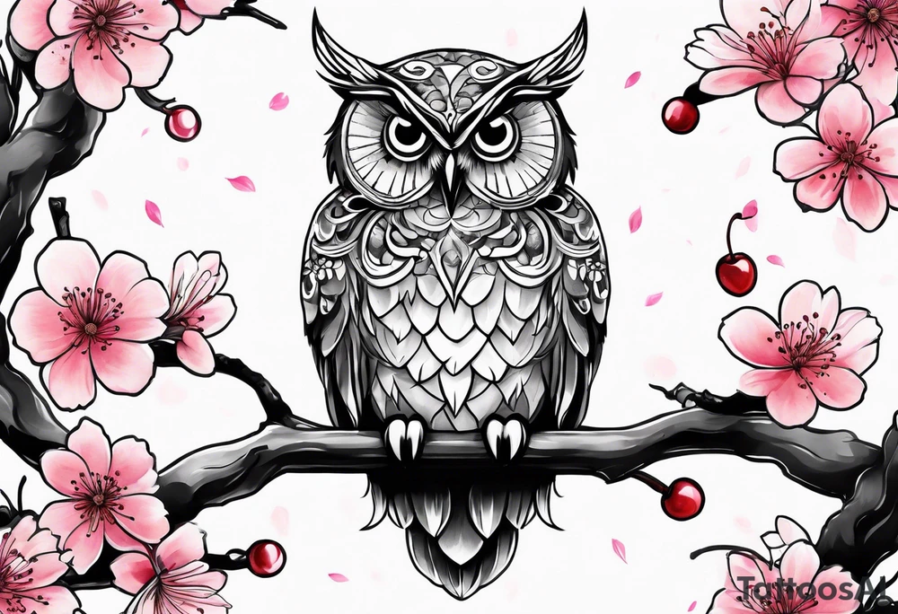Owl and cherry blossoms tattoo idea