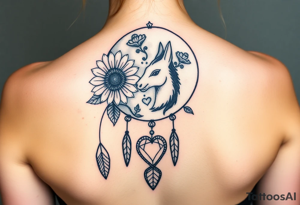 A Cresent moon dream catcher with sunflower, wolf, Harry potter, star wars, unicorn, fire heart all in one tattoo idea