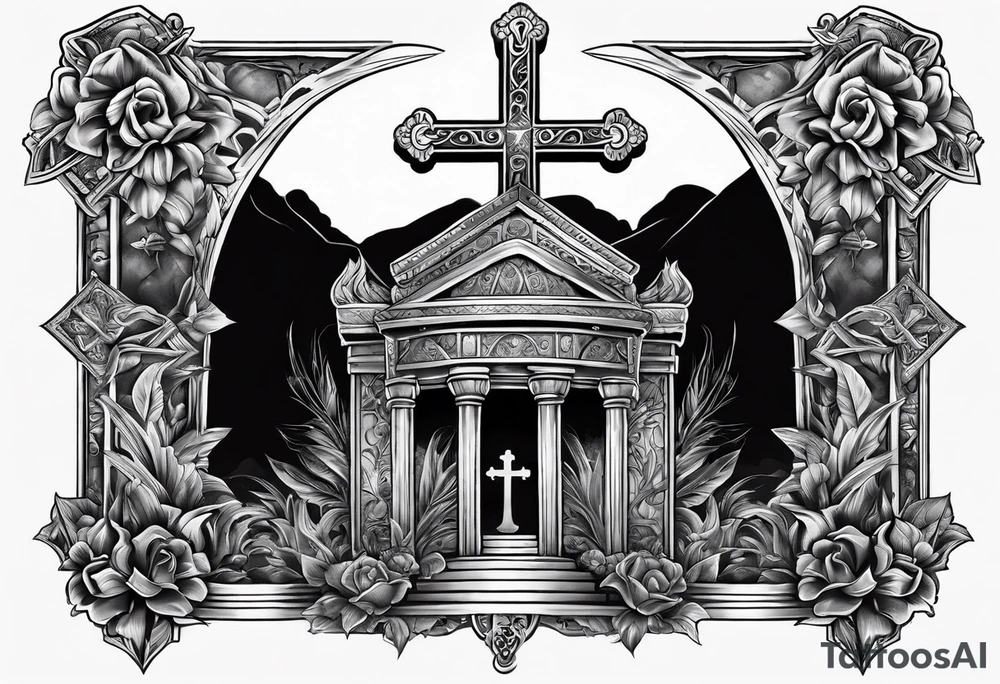 Tomb with smoke and crosses tattoo idea