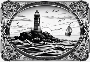 phare maritime dans un bateau a voiles vu du devant. tattoo idea