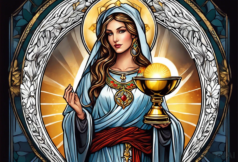 woman saint holding chalice surrounded by golden halo tattoo idea