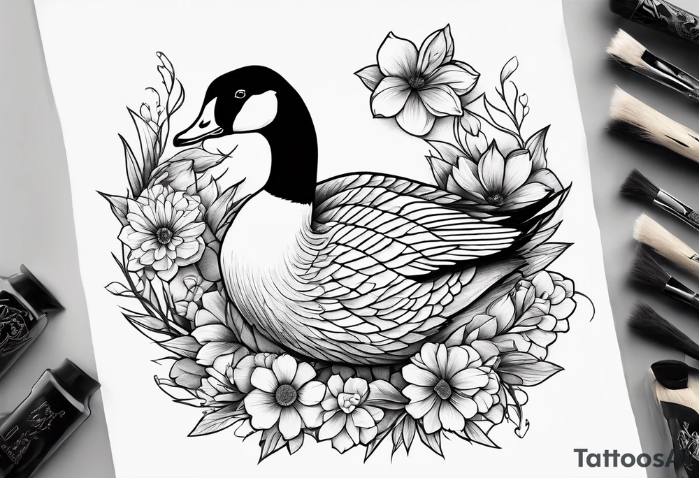 angry canadian goose with flowers at the bottom tattoo idea