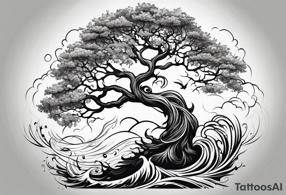 oak tree with phoenix  and roots growing around calming waves for forearm tattoo idea