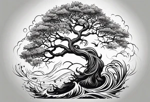 oak tree with phoenix  and roots growing around calming waves for forearm tattoo idea